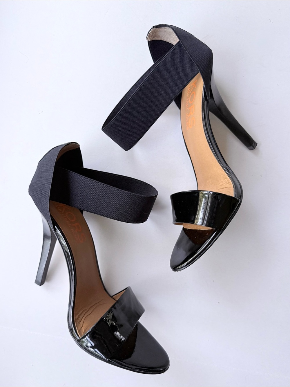 KORS Michael Kors Black High Heel Patent Leather Elastic Ankle Strap Sandals 10